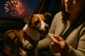 Owner gently giving a calming sublingual film to a nervous dog