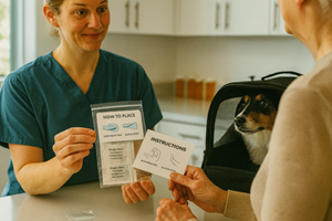 Vet handing individually pouched pet dosing strips to the owner for at-home use