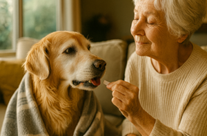 Senior dog calmly accepting an oral dissolving film instead of a pill
