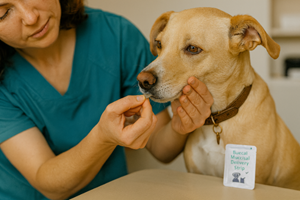 Buccal mucosal delivery carrier for pets, rounded-edge strip sized for cheek placement